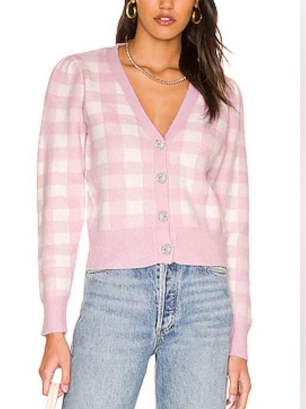 ASTR Pink & White Gingham V-Neck Cardigan with Rhinestone Buttons Medium